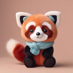 Adorable Red Panda stuffed toy wear scarf sitting, isolated on pastel background