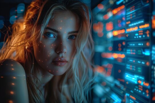 Young woman with a projection of futuristic digital data on her face in a tech environment