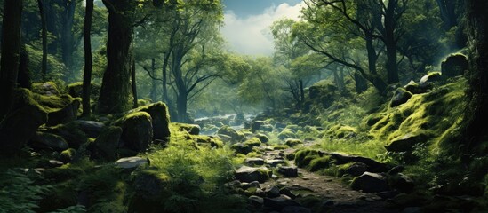 A serene forest scene with green moss covering rocks and tall trees - obrazy, fototapety, plakaty