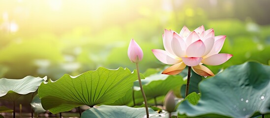 Pink lotus flower on green leaf