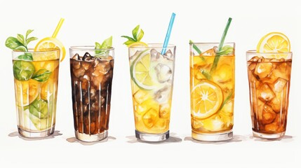 Artistic portrayal in watercolor of summer refreshments, a variety of cocktails, homemade lemonade, and iced coffee, neatly isolated on a white backdrop