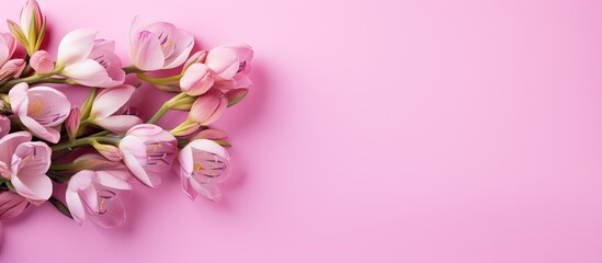 Fototapeta na wymiar Pink flowers on soft pink backdrop