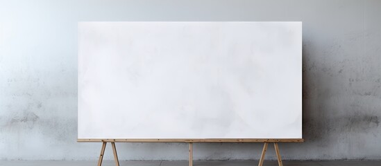 Canvas on wooden easel with plain white banner against concrete wall