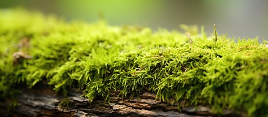 Close-up of mossy log against green backdrop - obrazy, fototapety, plakaty