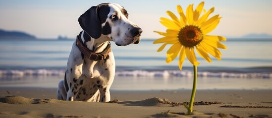 Dalmatian dog sitting beach sunflower