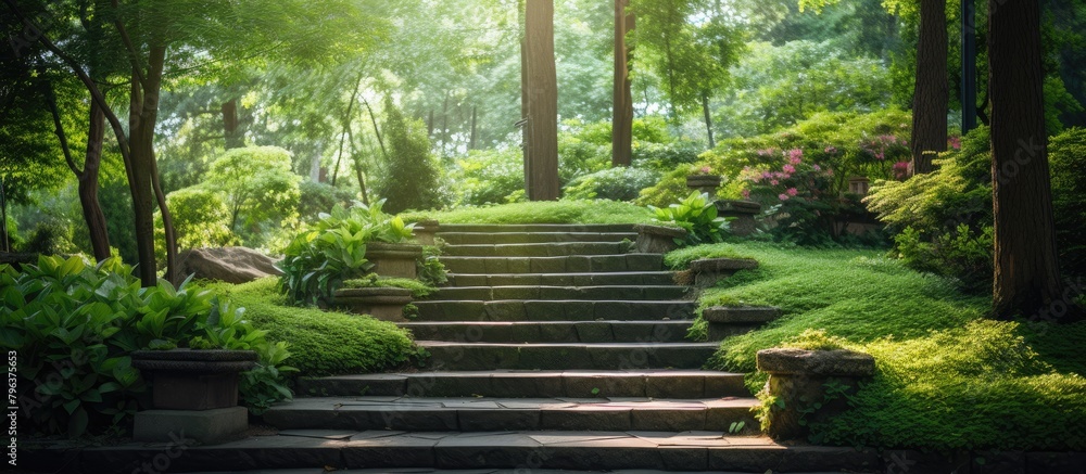 Wall mural Stone steps in vibrant forest