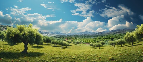 A scenic landscape of field, trees, and distant mountain