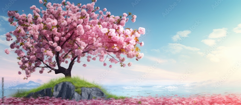 Poster tree on hill with sky background
