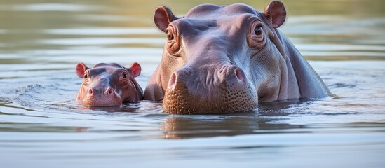 Two hippos in water swimming, baby hippo near mother