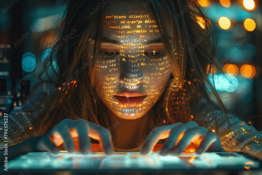 Poster a person's hands type swiftly on an illuminated keyboard, indicating a work setting with digital foc