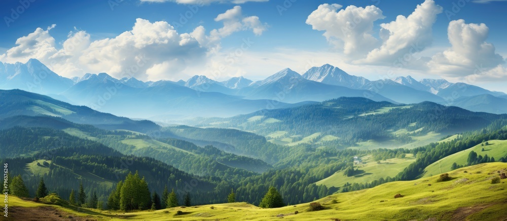 Poster majestic mountain range with sparse trees under a cloudy sky