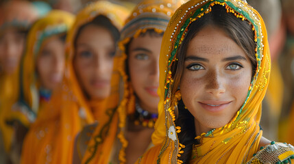Unity in Diversity, Woman in Hijab Stands Out from Group, Highlighting Cultural Concept in National and Local Outfit. Portrait of a Beautiful Girl outstanding and Nation Dress.