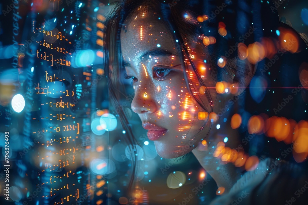 Poster an abstract representation of data and computer code overlaying the face of a figure, signifying dig