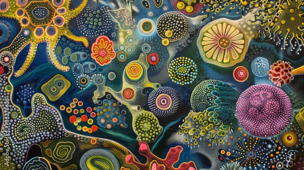 Poster a vibrant mosaic of various bacterial colonies each one forming its own unique metropolis within a l