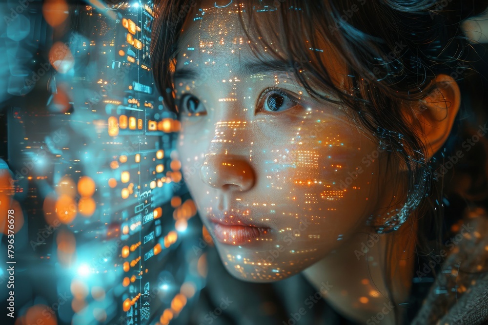 Poster a close-up of a woman's face illuminated by digital code, creating a blend of technology and human f