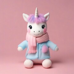 Cute Unicorn stuffed toy wear winter cloth sitting, isolated on pastel background