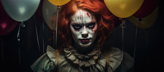 Naklejka premium Woman with fiery hair and makeup holding balloons