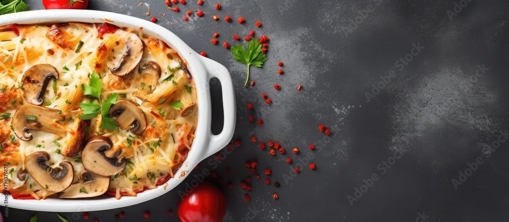 Poster pasta with mushrooms and tomatoes on a table