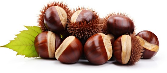 Obraz premium Pile of autumn chestnuts with leaves
