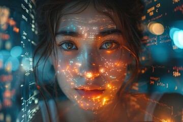 Woman's face bathed in warm light with overlay of digital code, conveys a cybernetic, tech concept