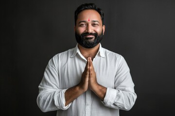 Obraz premium business, office worker and people concept - smiling indian businessman in shirt over grey background. Beautiful simple AI generated image in 4K, unique.