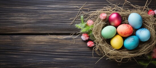 Naklejka premium Colorful eggs nest wooden table