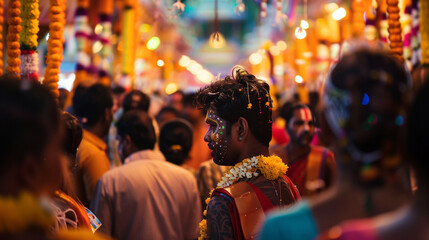 Main Thaipusam Festival at a magnificent Hindu temple, thousands of visitors and pilgrims throng the hall decorated with colorful lights and typical ornaments, Ai Generated Images - Powered by Adobe