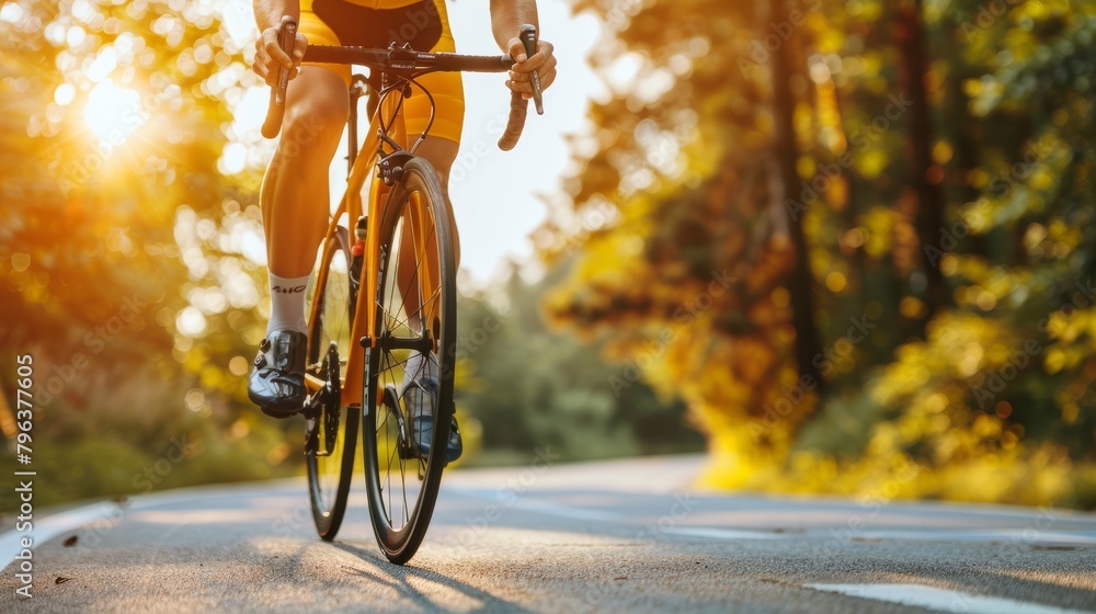 Poster cyclist s hands on handlebars in sharp turn displaying control summer olympic sport concept