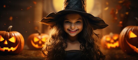 Naklejka premium Young girl in witch hat, black dress with pumpkins