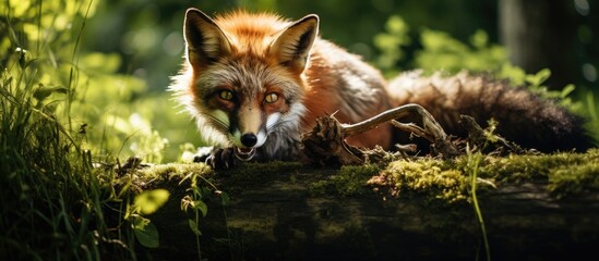 Fototapeta premium Fox resting on log amidst forest setting