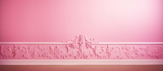 Pink wallpaper on wall with white mold