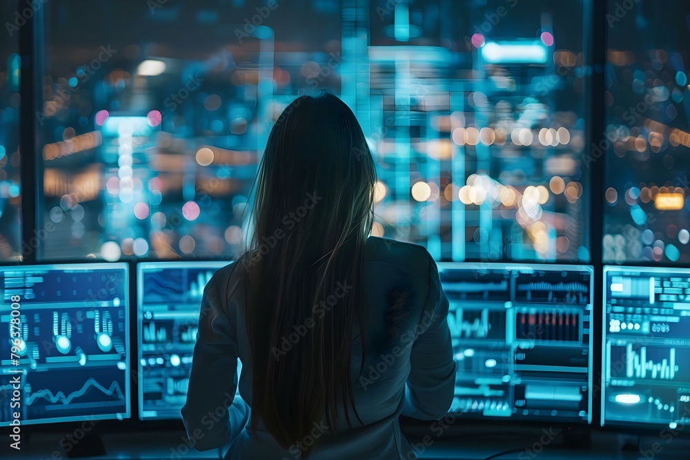 Poster monitoring network traffic: a female cybersecurity analyst in a high-tech security center. concept n