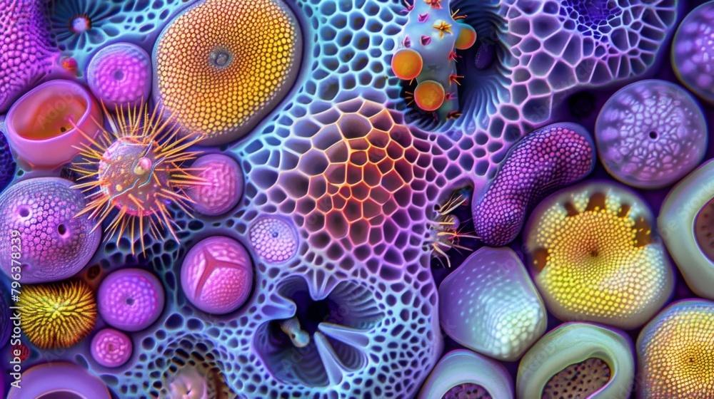 Poster a microscopic image of pollen grains in different shapes sizes and patterns resembling a vibrant mos
