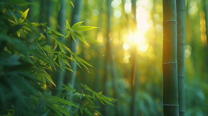 Dense bamboo forest with sunlight filtering through tall green stalks