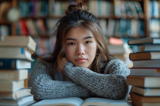 A thoughtful girl surrounded by piles of books rests her chin on her hands, immersed in study