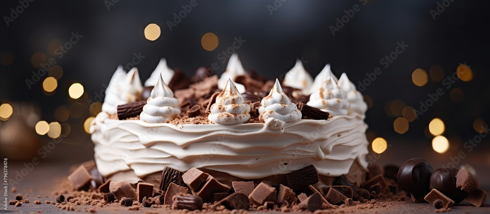 Poster chocolate cake with dual frosting on a table