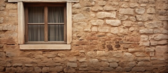 A stone wall with a window and curtain