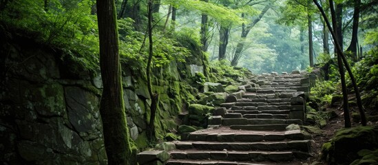 Stone stairs covered in forest moss