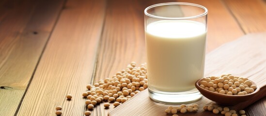 Glass of milk and spoon with soybeans