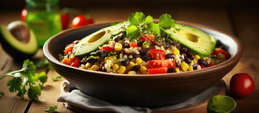 Mexican rice salad with fresh avocado, corn, and tomatoes