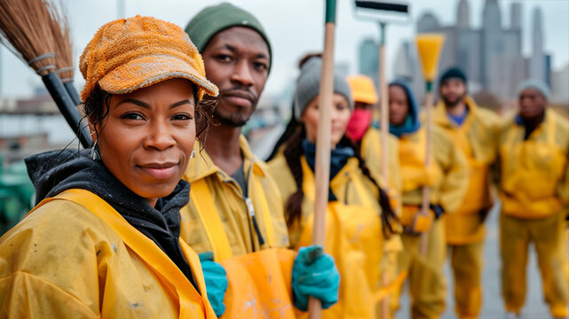 A multi ethnic group of people wearing yellow uniform and holding brooms and mops