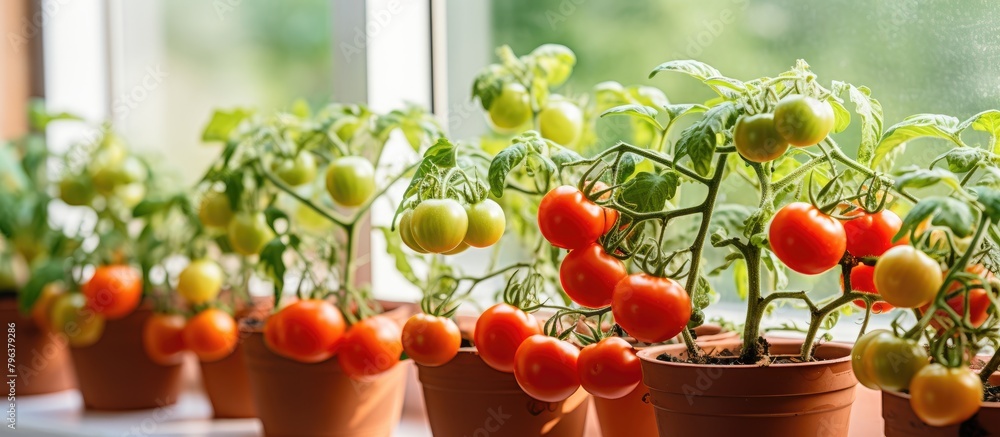 Poster multiple small pots with tomatoes growing