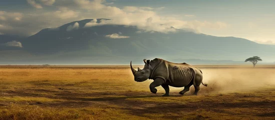 Fotobehang Rhino dashes grassy terrain, distant peak looming © HN Works