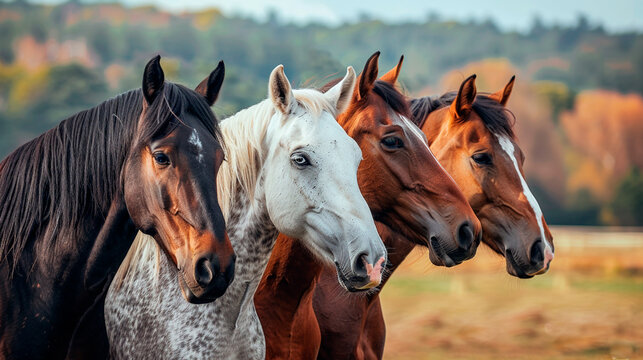 Four horses standing in a field with one white and three brown