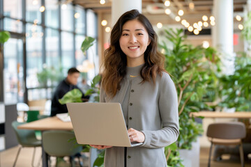 Fototapeta premium A photo of an attractive asian woman standing in the middle, smiling and holding her laptop computer while dressed for work in business casual attire with shoulder length curly hair