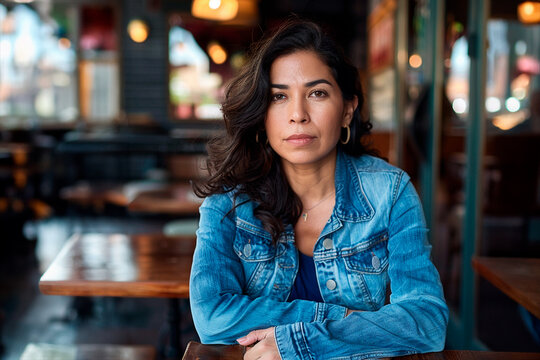 Latina woman in a denim jacket sitting in a restaurant