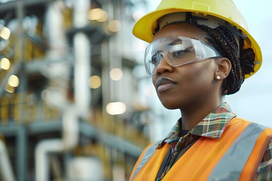 An African American woman in safety gear working at a refinery construction site. Concept Industrial Work, African American Woman, Safety Gear, Refinery Site, Construction Site