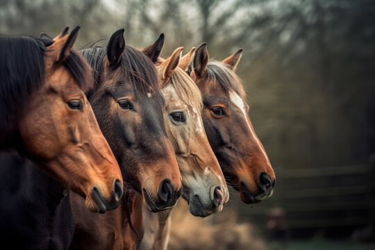 Heads of four horses standing in a row