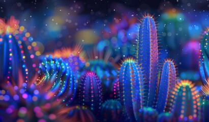 Ilustración cactus iluminados con luces de colores vibrantes