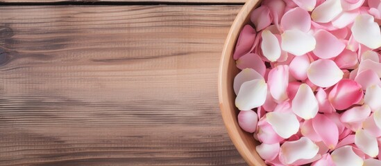 Bowl of pink and white petals on wooden surface
